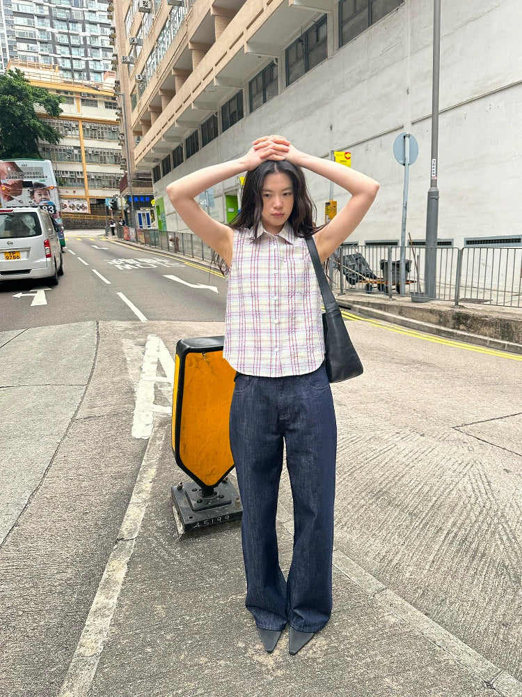 Bubble wrinkle texture retro plaid sleeveless shirt Spice Girl slim-fit short shirt