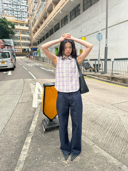 Bubble wrinkle texture retro plaid sleeveless shirt Spice Girl slim-fit short shirt