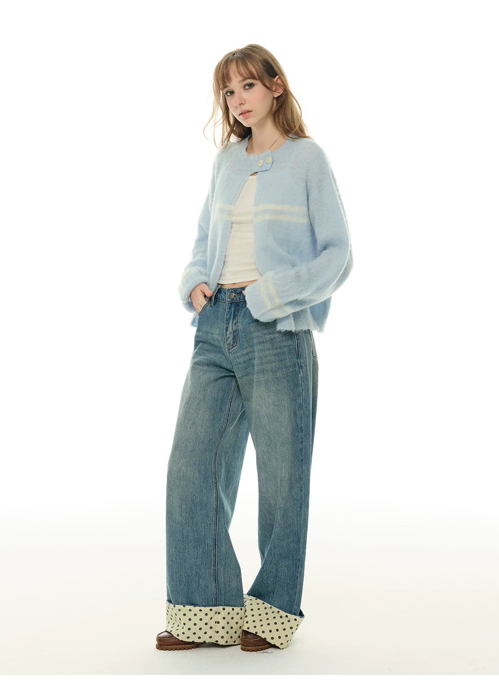 Heartbeat Theater Wool/blend warm and soft waxy blue cardigan sweater women's lazy knitted top