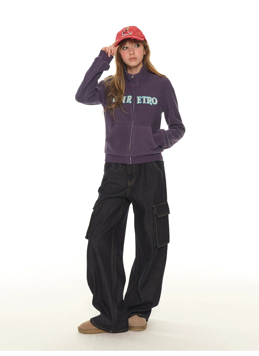 American retro embroidered stand-up collar short purple sweater women's spring and autumn new zipper slim jacket