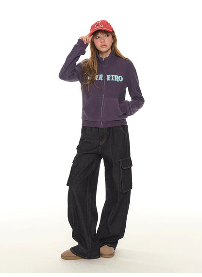 American retro embroidered stand-up collar short purple sweater women's spring and autumn new zipper slim jacket