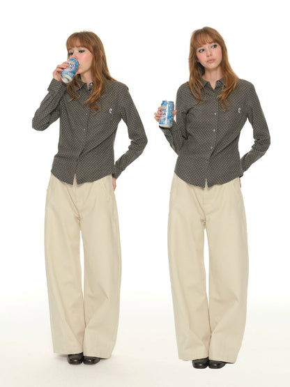 Heavy Industry Embroidery Owl Polka Dot Shirt Women's Autumn Retro Shoulder Polo Collar Long Sleeve Shirt