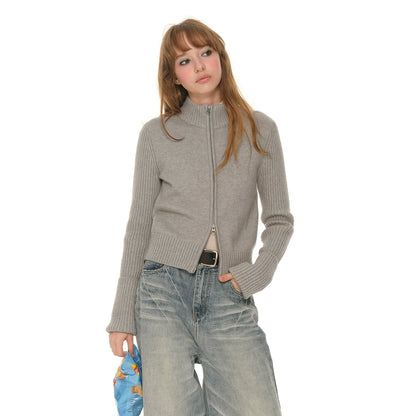Gray knitted jacket women's short winter new slim-fitting and thin long-sleeved top with cardigan