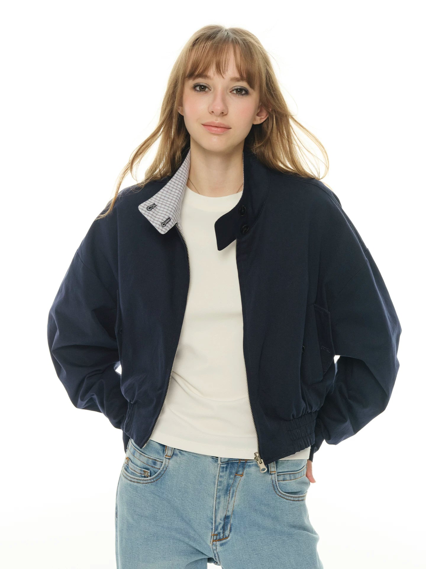 Double-sided short jacket women's spring and autumn stand-up collar small long-sleeved tooling jacket