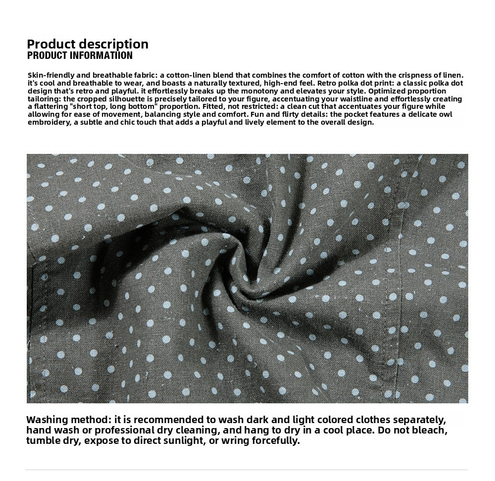 Heavy Industry Embroidery Owl Polka Dot Shirt Women's Autumn Retro Shoulder Polo Collar Long Sleeve Shirt