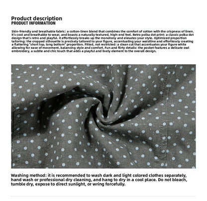 Heavy Industry Embroidery Owl Polka Dot Shirt Women's Autumn Retro Shoulder Polo Collar Long Sleeve Shirt