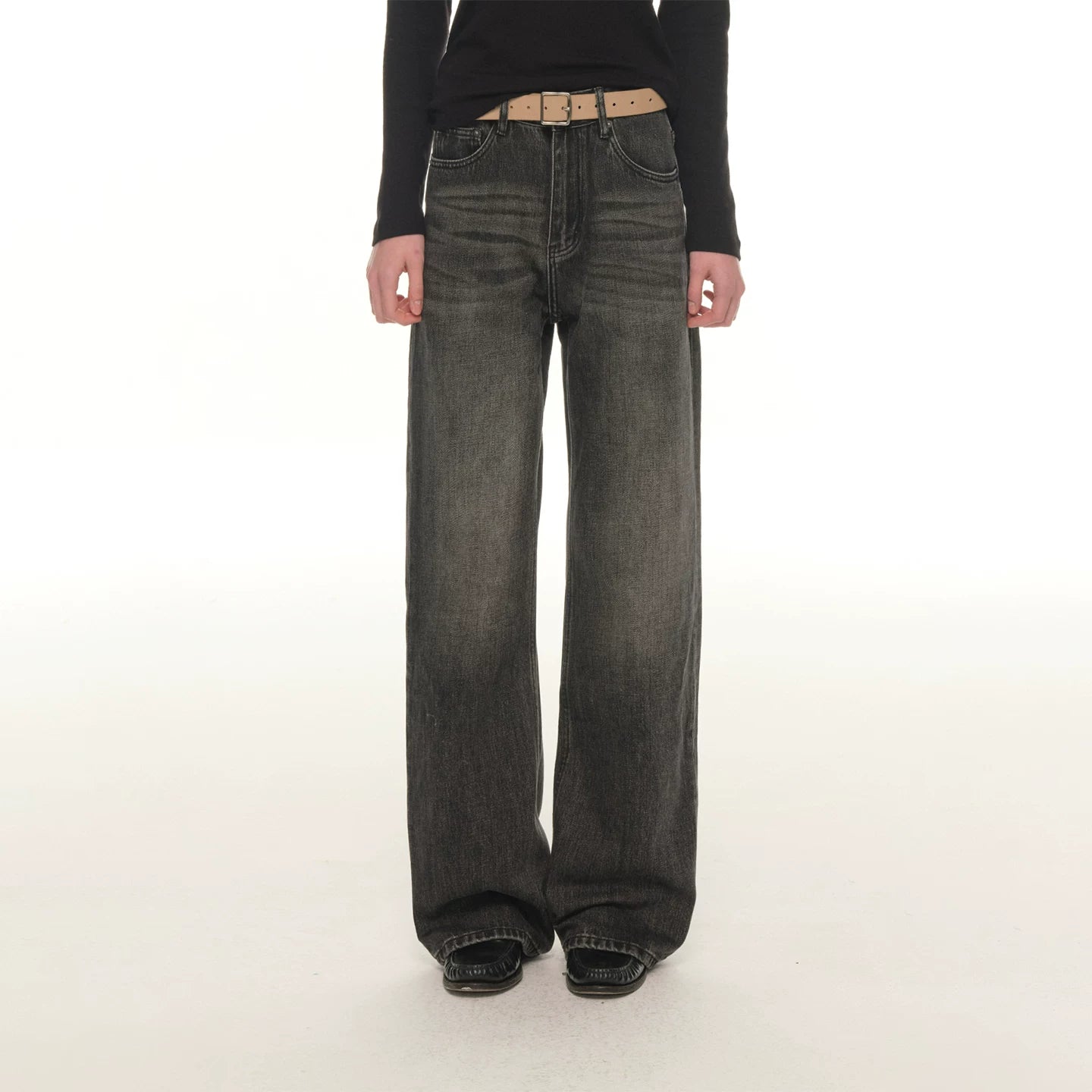 American retro washed old jeans women's winter high waist loose wide legs slightly pull casual pants