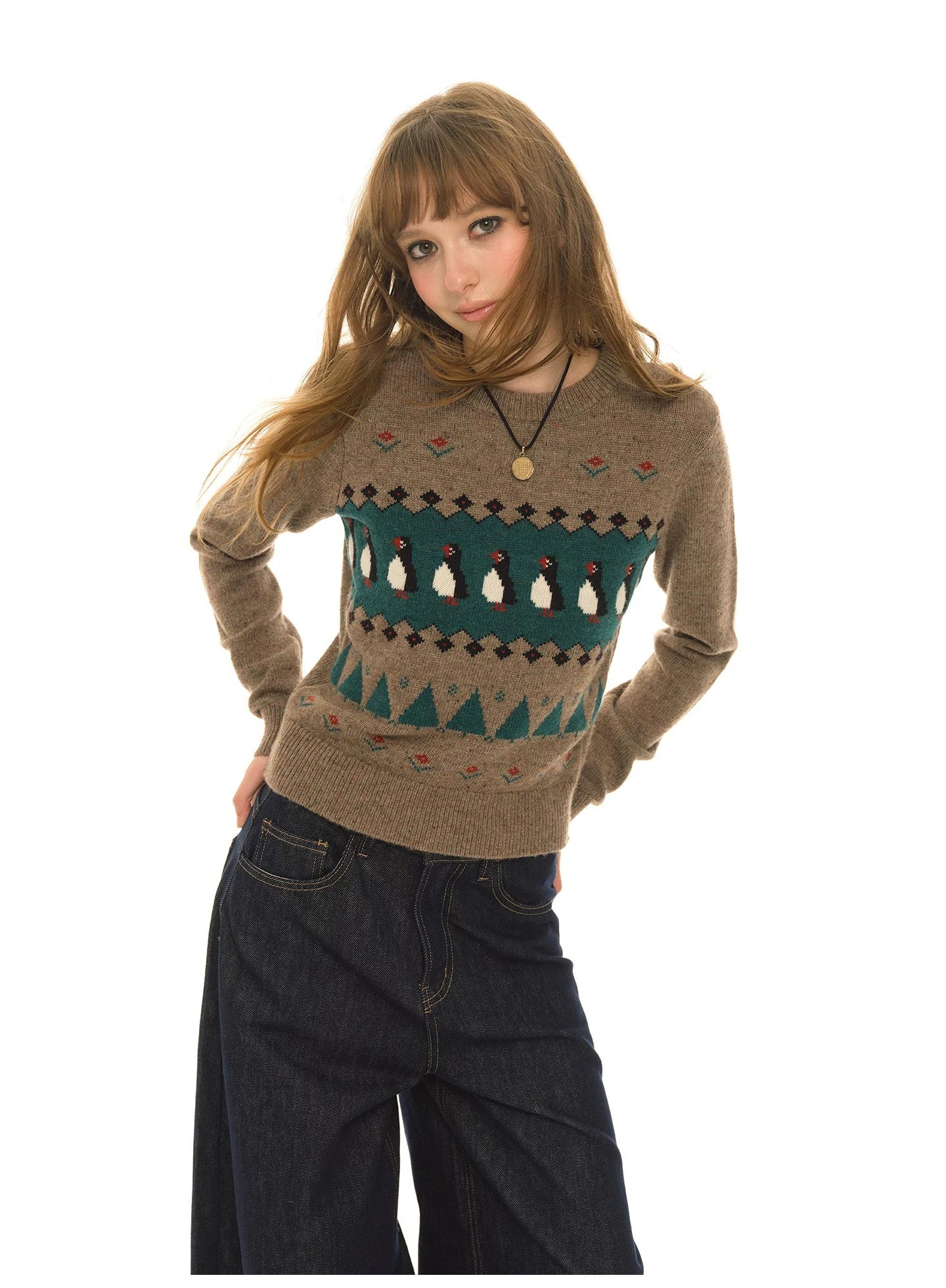 Wool Blended Coffee Jacquard Crew Neck Slim-Fit Knitted Sweater Women's Autumn New Fair Island Sweater