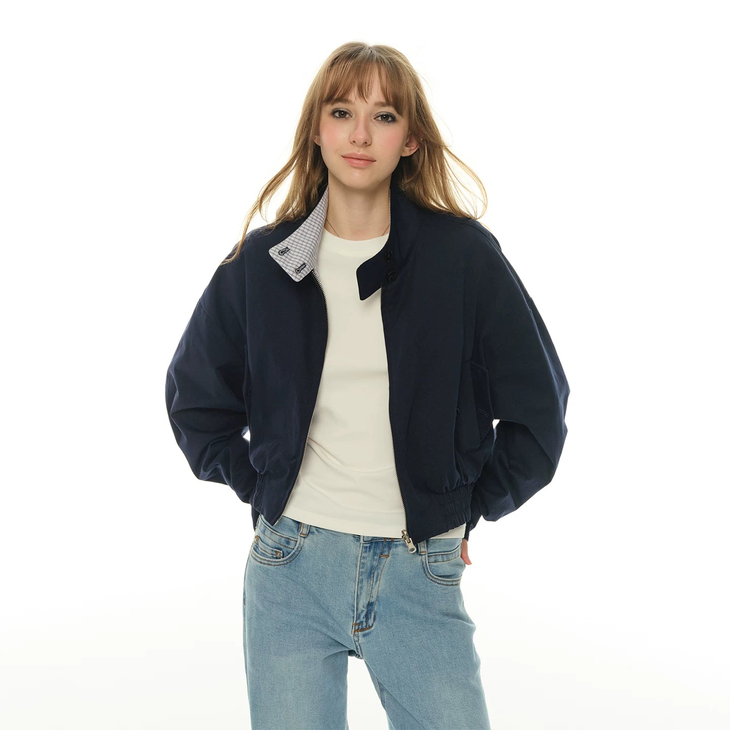 Double-sided short jacket women's spring and autumn stand-up collar small long-sleeved tooling jacket