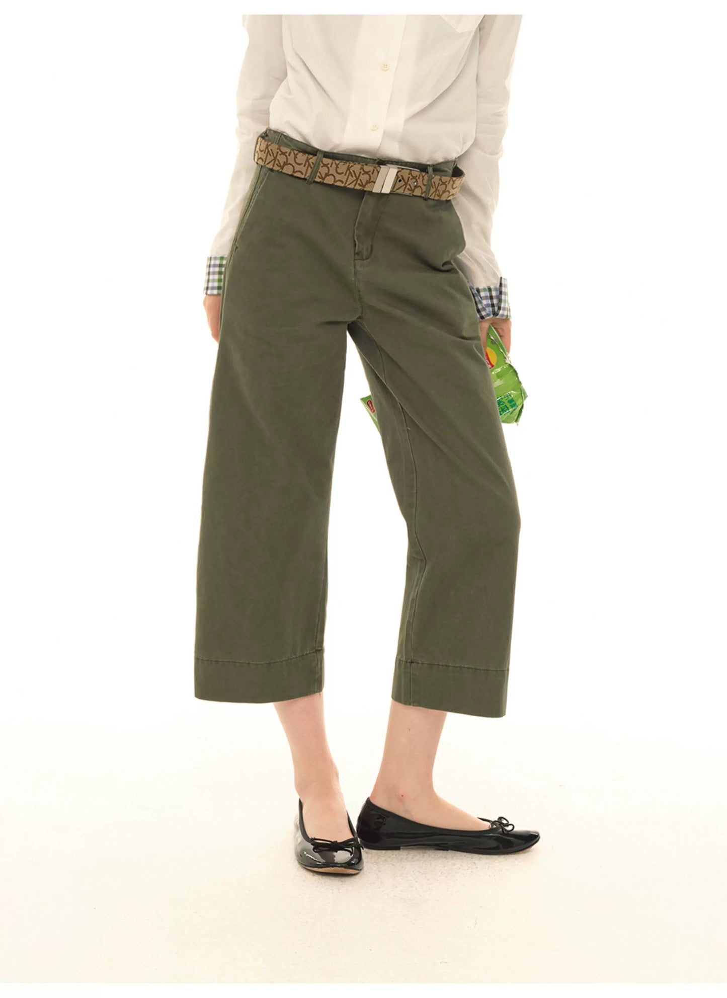 Retro military green straight slim cropped cargo pants, versatile casual wide-leg pants