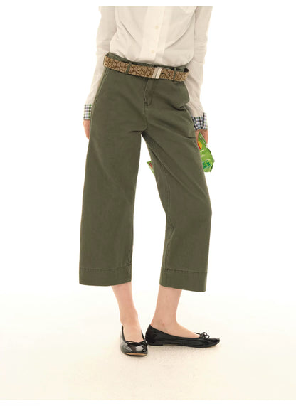 Retro military green straight slim cropped cargo pants, versatile casual wide-leg pants