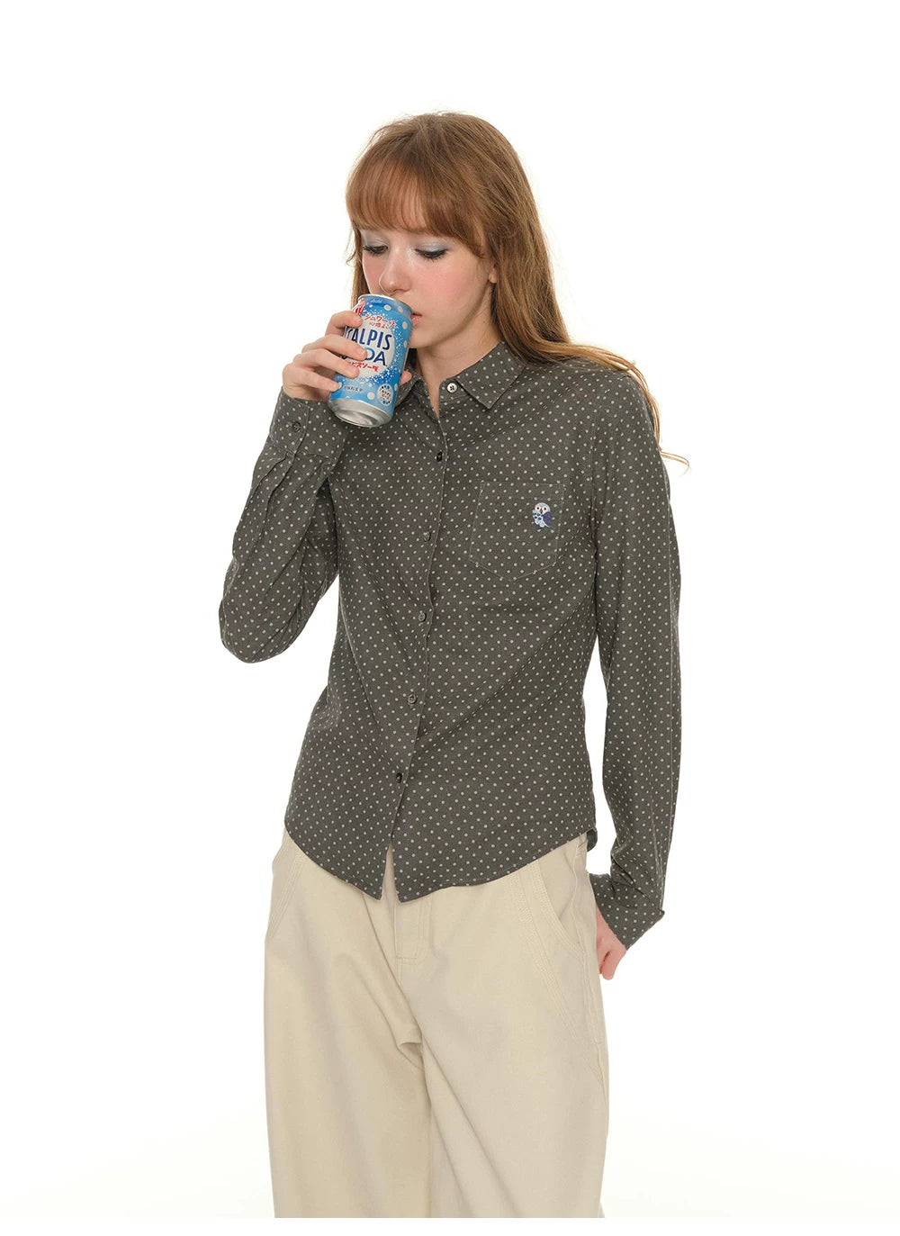 Heavy Industry Embroidery Owl Polka Dot Shirt Women's Autumn Retro Shoulder Polo Collar Long Sleeve Shirt