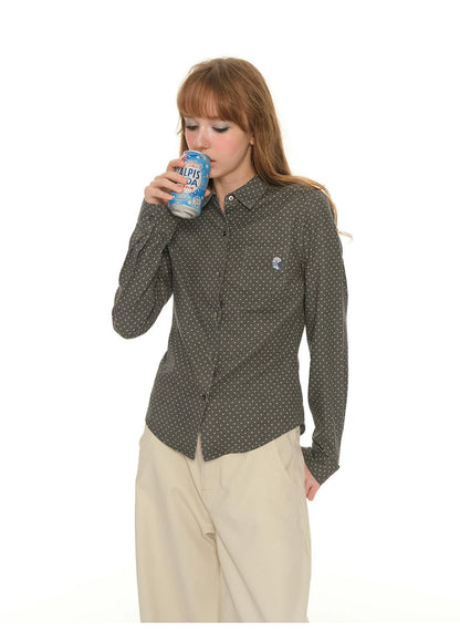 Heavy Industry Embroidery Owl Polka Dot Shirt Women's Autumn Retro Shoulder Polo Collar Long Sleeve Shirt