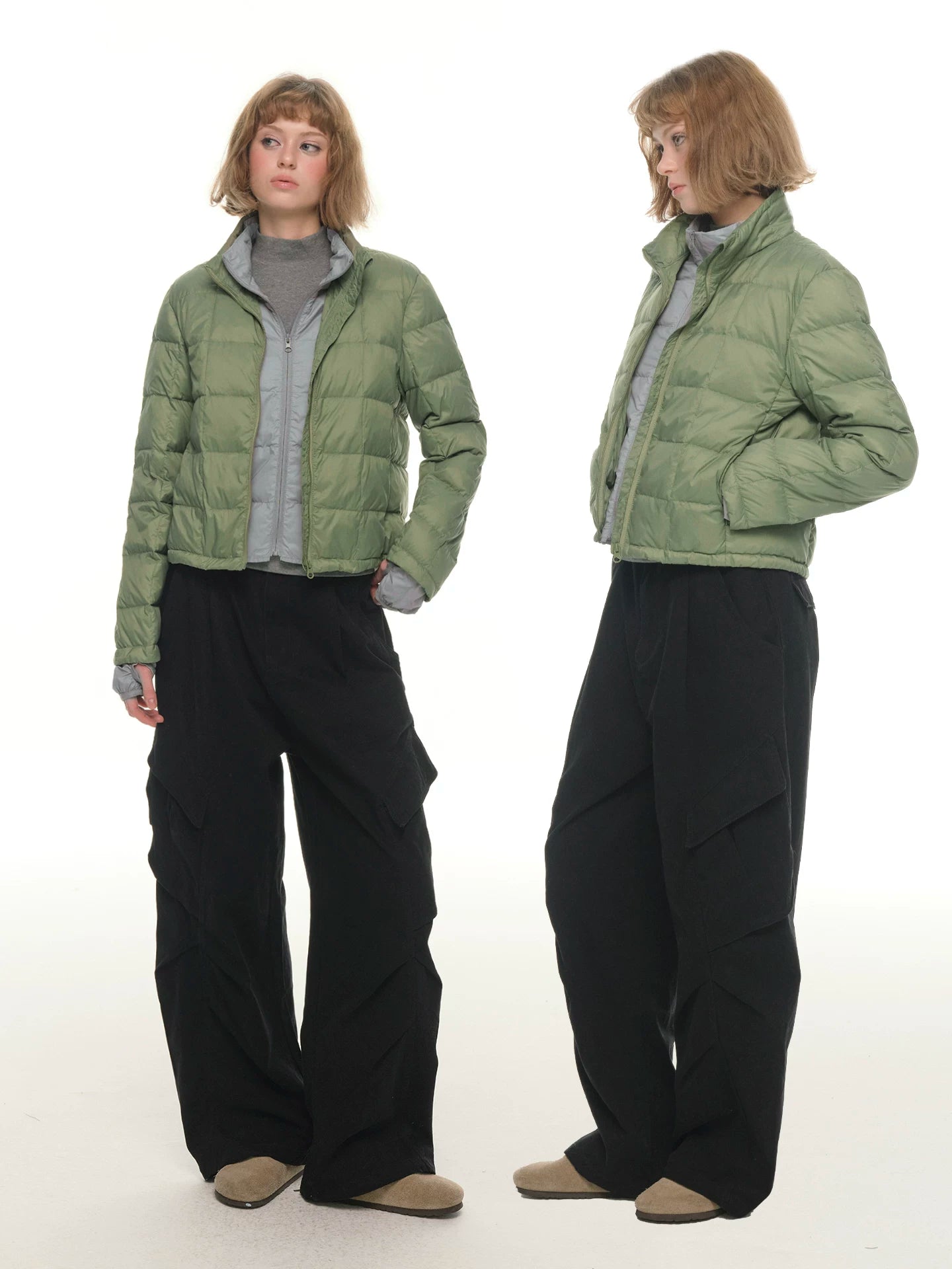 Green fake two-piece light and thin short down jacket women's winter double-layer warm contrasting color stand-up collar jacket