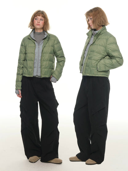 Green fake two-piece light and thin short down jacket women's winter double-layer warm contrasting color stand-up collar jacket