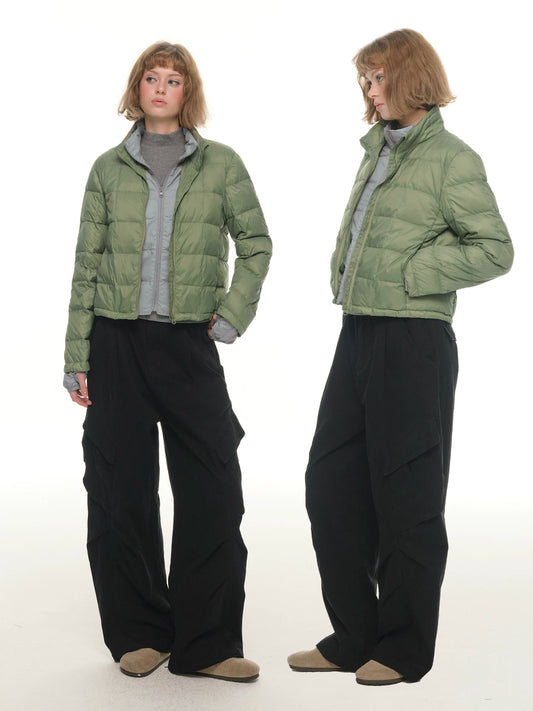 Green fake two-piece light and thin short down jacket women's winter double-layer warm contrasting color stand-up collar jacket