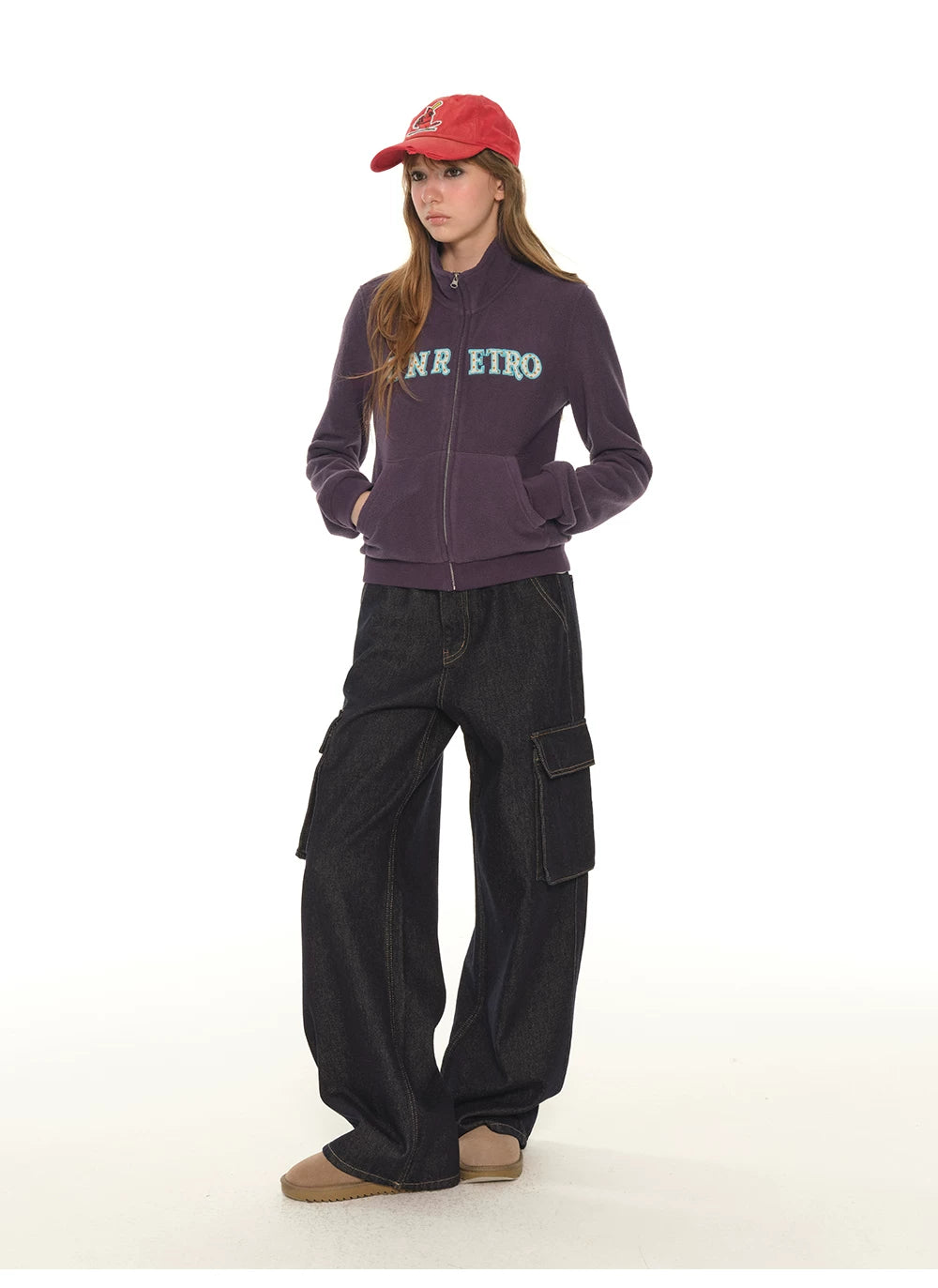 American retro embroidered stand-up collar short purple sweater women's spring and autumn new zipper slim jacket