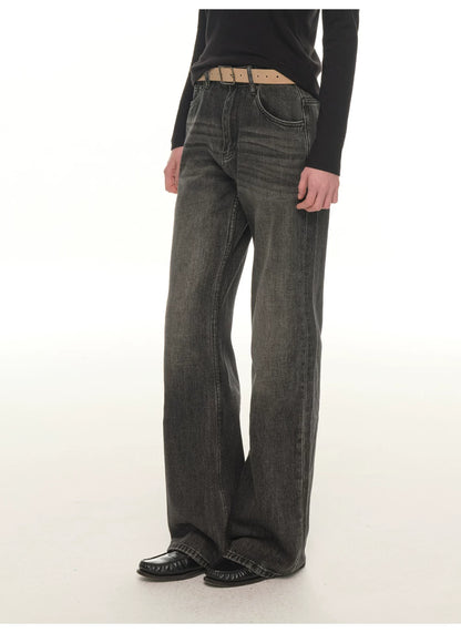 American retro washed old jeans women's winter high waist loose wide legs slightly pull casual pants