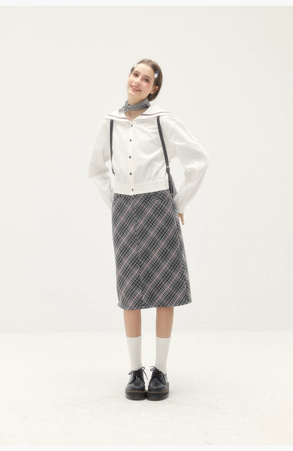 Wool Plaid Midi Skirt - Retro