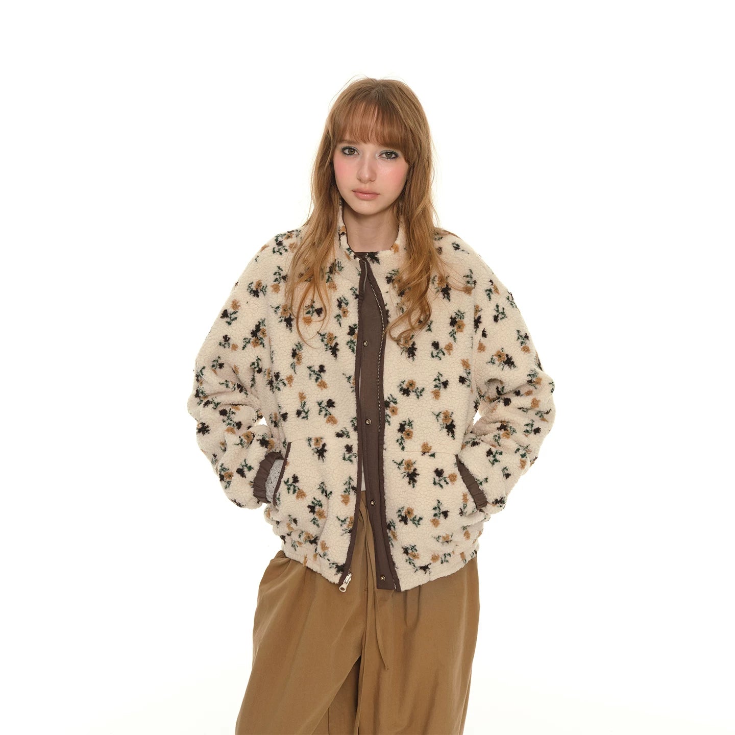Front and back two wear stand-up collar lamb wool coat women's winter retro printing warm cotton jacket top