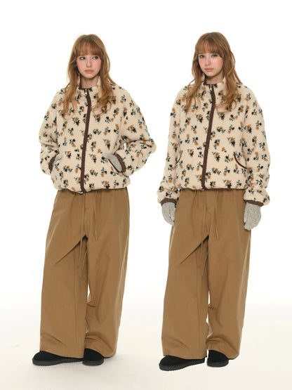 Front and back two wear stand-up collar lamb wool coat women's winter retro printing warm cotton jacket top