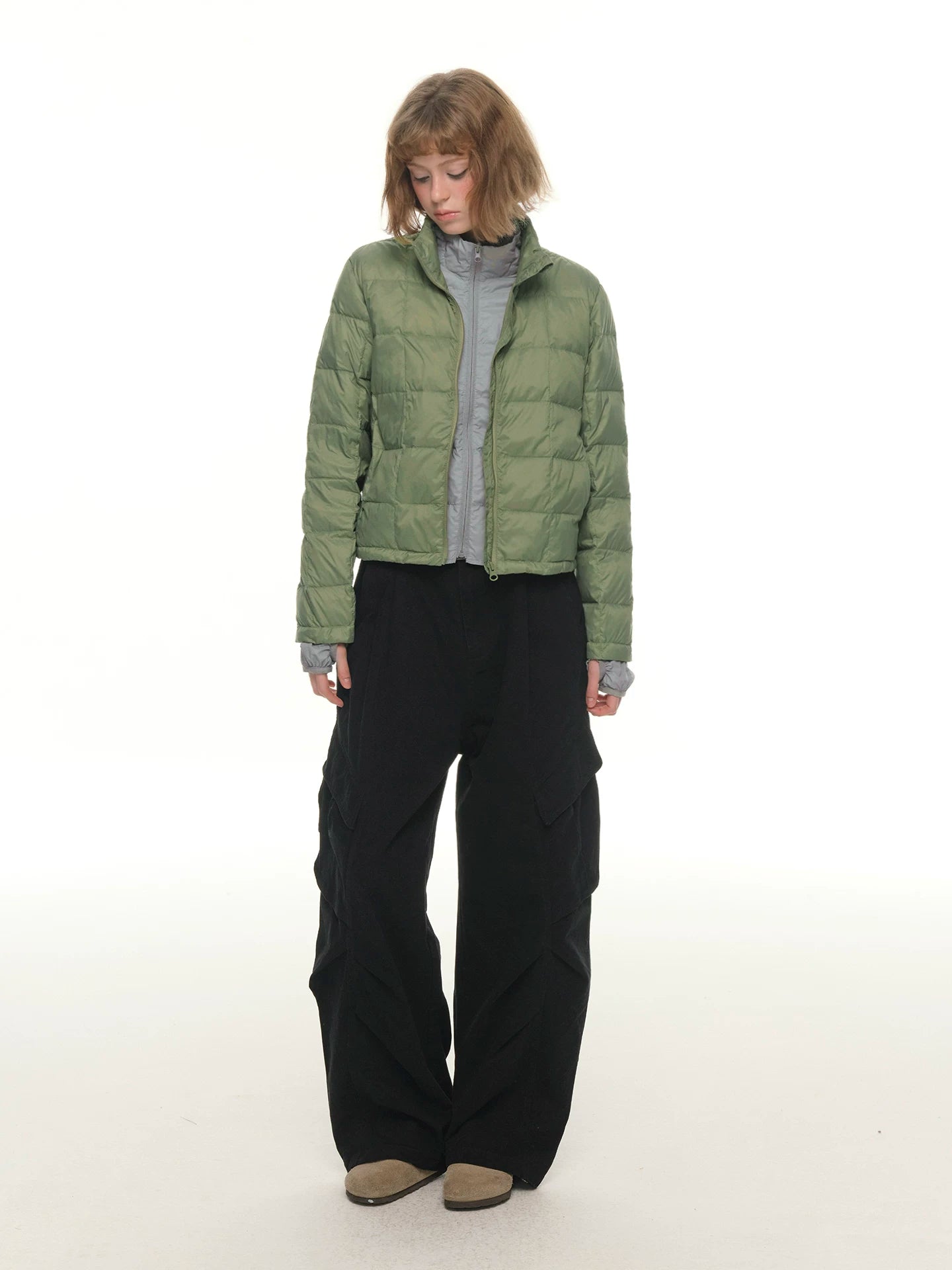 Green fake two-piece light and thin short down jacket women's winter double-layer warm contrasting color stand-up collar jacket