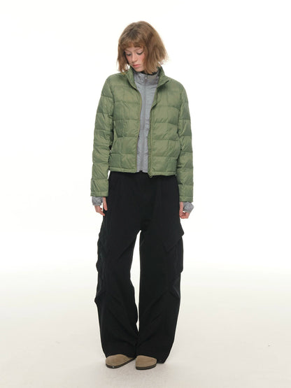 Green fake two-piece light and thin short down jacket women's winter double-layer warm contrasting color stand-up collar jacket