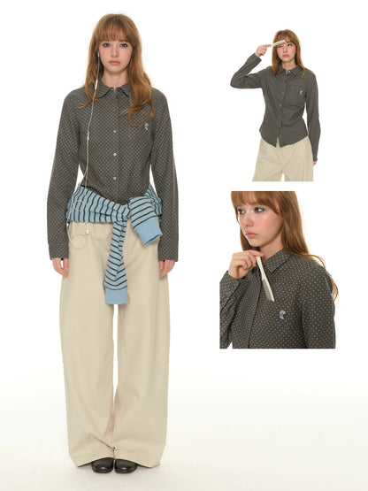 Heavy Industry Embroidery Owl Polka Dot Shirt Women's Autumn Retro Shoulder Polo Collar Long Sleeve Shirt