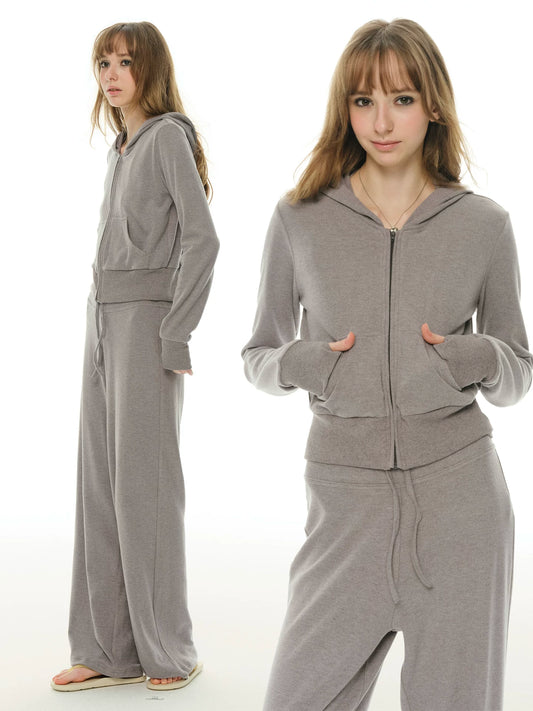 The first fashion suit, green sports zipper sweater for women + drawstring straight casual pants two-piece set