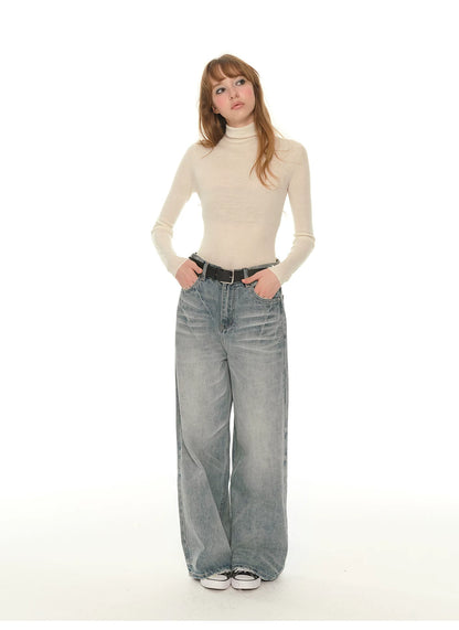 Wide-Leg Straight Jeans - Light Blue