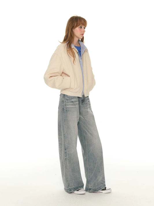 Light Color Low Waist Straight Jeans Women's Winter Loose Retro Blue Wide Leg Casual Mopping Pants
