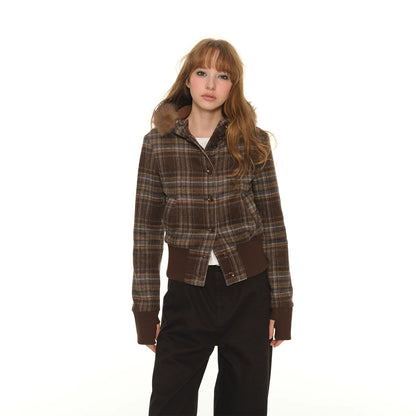 American retro short plaid cotton clothes women's spring and autumn fleece thickened warm tight cotton coat