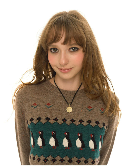 Wool Blended Coffee Jacquard Crew Neck Slim-Fit Knitted Sweater Women's Autumn New Fair Island Sweater